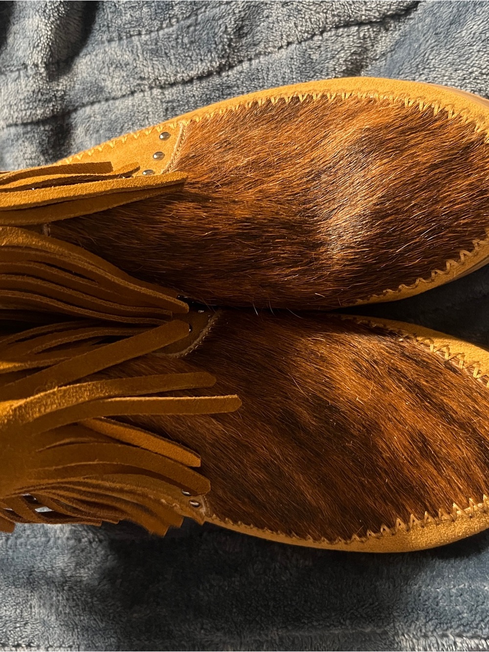 Montana West Tan and Cream Hair-On-Hide Moccasin Slippers with Fringe